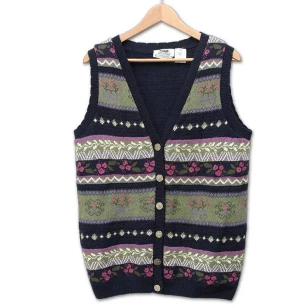 Vintage 90s Northern Reflections Floral Knit Button Up Sweater Vest Medium - Picture 3 of 10